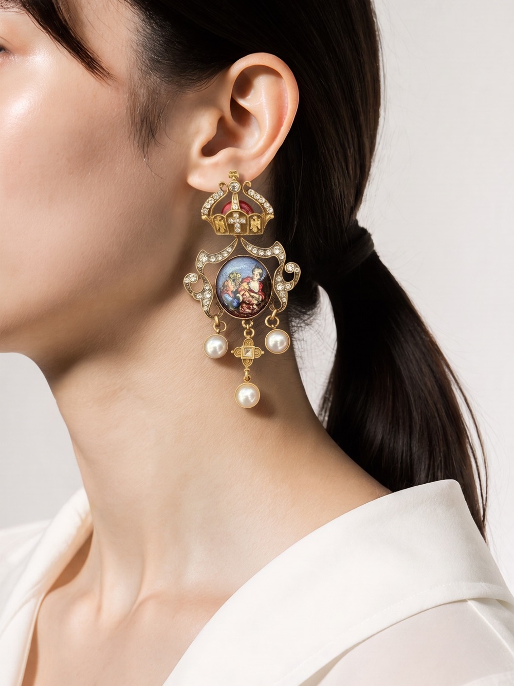Gold-Tone Pearl Drop Earrings with Painted Medallion